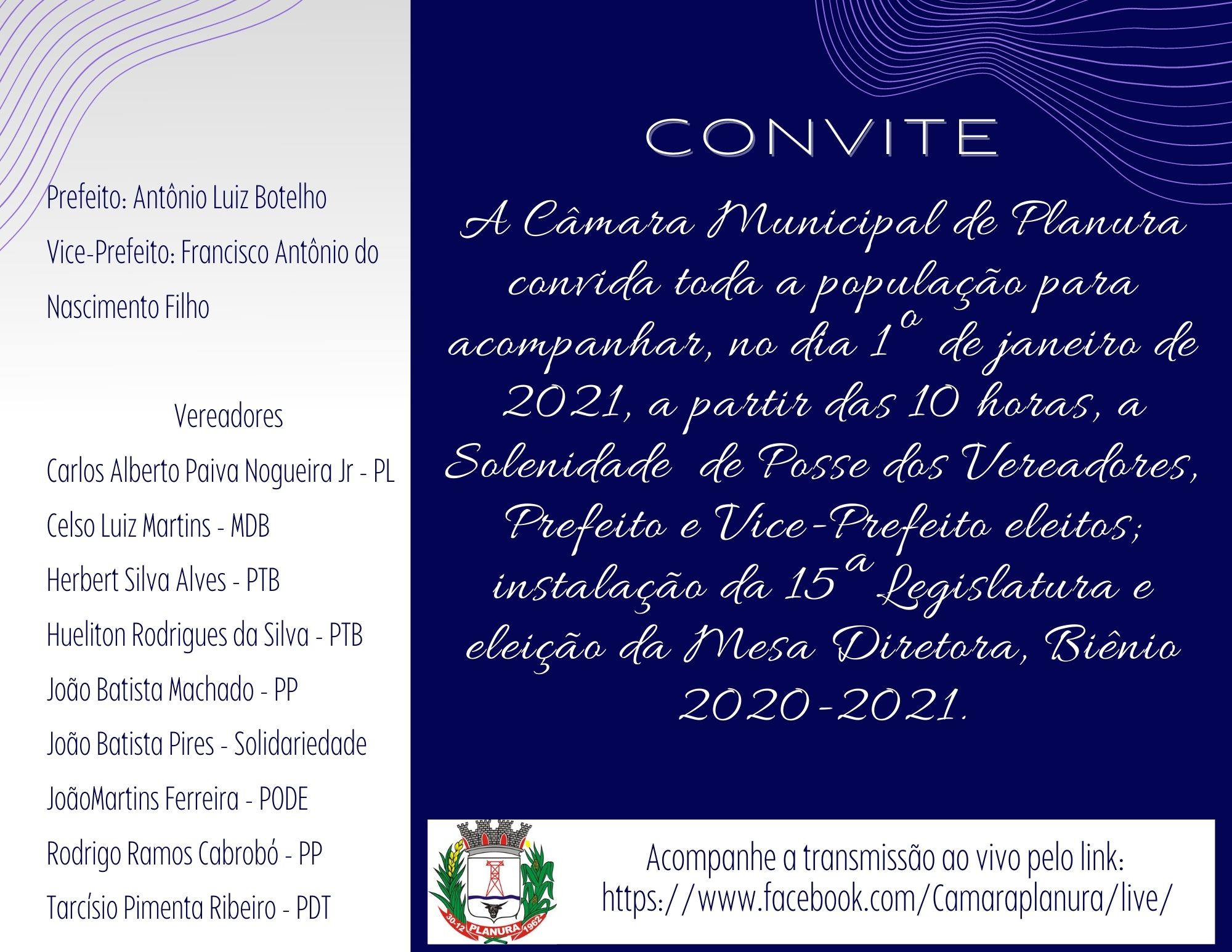 Convite Solenidade virtual de Posse do Prefeito, Vice-Prefeito e Vereadores para a Legislatura 2021-2024.